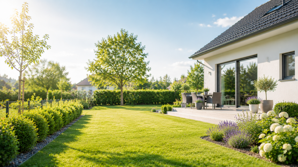 Modernes Einfamilienhaus mit Garten, Grundstücksgrenze und gepflegter Außenanlage – Symbolbild für Grundstücksrecht und Nachbarrecht