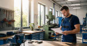 Handwerker prüft Unterlagen an seinem Arbeitsplatz in einer Werkstatt und informiert sich über seine Rechte als Arbeitnehmer.