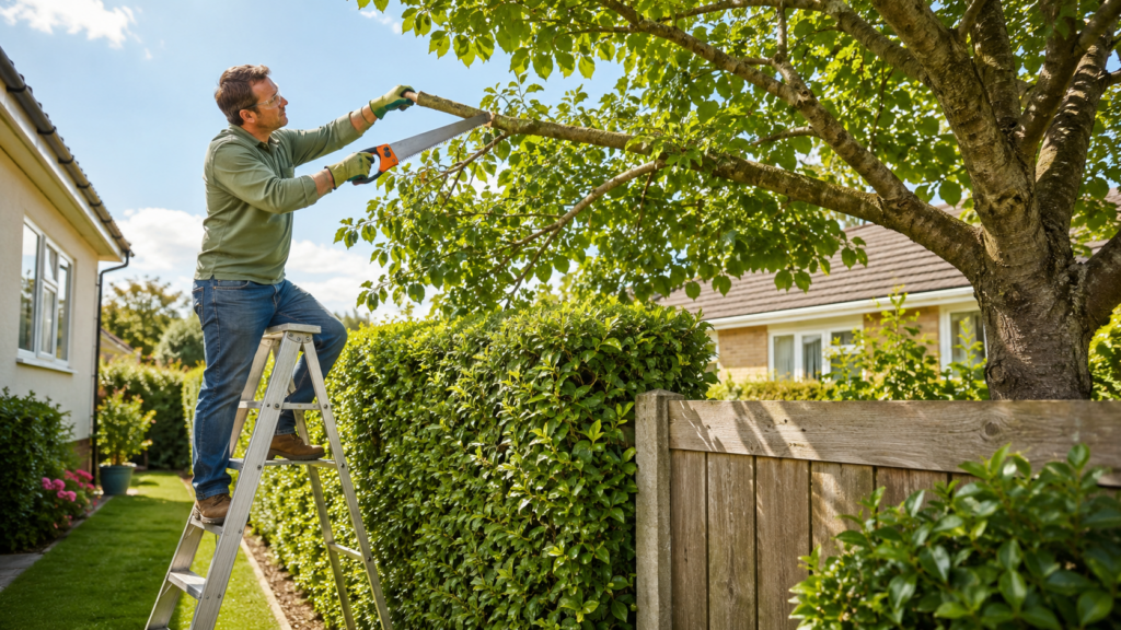 Mann schneidet auf einer Leiter einen überhängenden Ast an einer Hecke entlang der Grundstücksgrenze