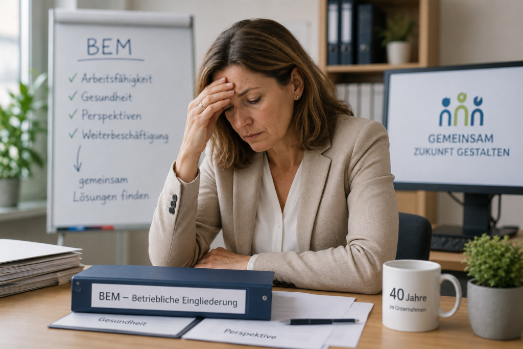 Arbeitnehmerin nach langer Erkrankung im Betrieblichen Eingliederungsmanagement (BEM) – Symbolbild für Rückkehr an den Arbeitsplatz, gesundheitliche Belastungen und Arbeitnehmerrechte.
