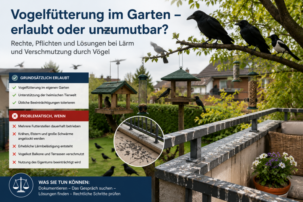 Mehrere Vogelfutterstationen in einem Garten mit Krähen, Elstern und verschmutztem Nachbarbalkon – Symbolbild für Nachbarschaftskonflikte durch Vogelfütterung