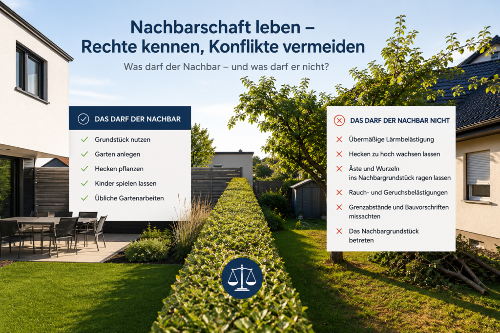 Zwei benachbarte Grundstücke mit Hecke und Übersicht zu erlaubtem und unzulässigem Verhalten im Nachbarrecht