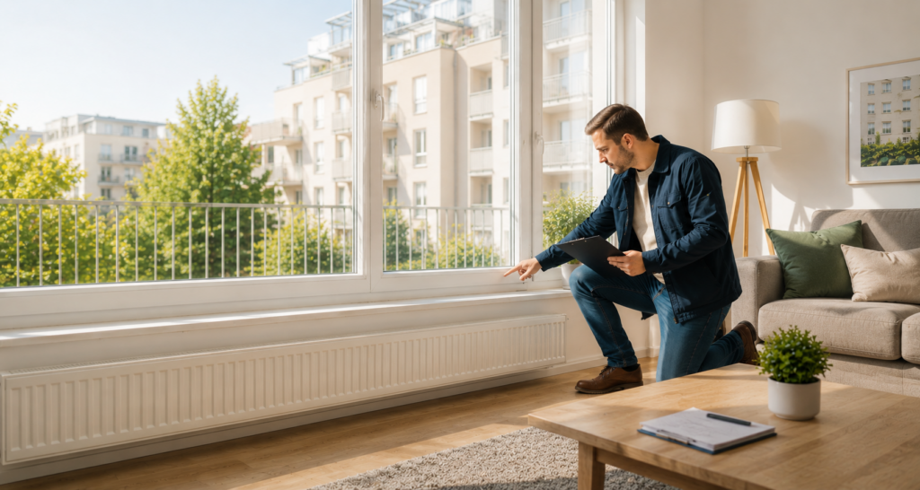 Mieter prüft einen Mangel an einem Wohnungsfenster in einer hellen Wohnung und informiert sich über seine Rechte als Mieter.