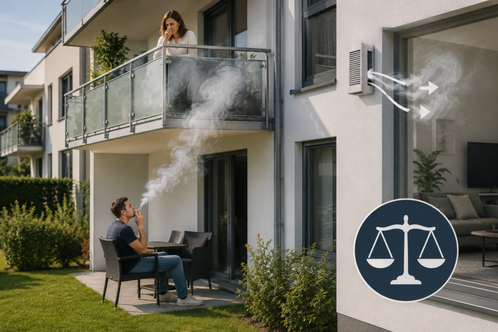 Rauchbelästigung in einem Mehrfamilienhaus: Zigarettenrauch steigt vom Erdgeschoss auf den Balkon der Obergeschossmieter und wird über eine Lüftungsanlage in die Wohnung geleitet.